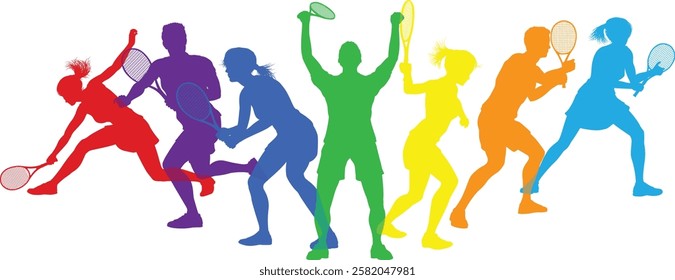 Silhouette Tennis players set. Active sports people healthy players fitness silhouettes concept.