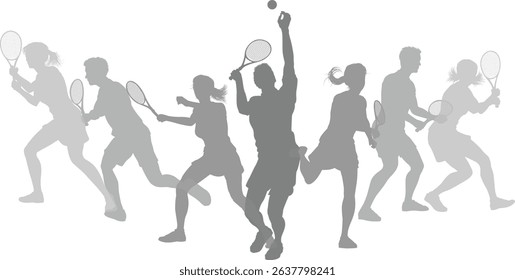Silhouette Tennis players set. Active sports people healthy players fitness silhouettes concept.