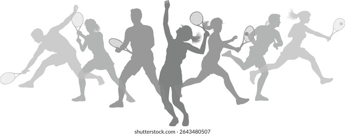 Silhouette Tennis players set. Active sports people healthy players fitness silhouettes concept.