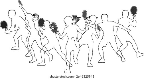 Silhouette Tennis players set. Active sports people healthy players fitness silhouettes concept.
