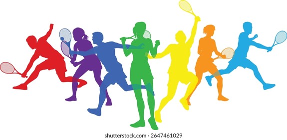 Silhouette Tennis players set. Active sports people healthy players fitness silhouettes concept.