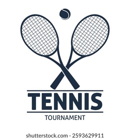 Silhouette of tennis rackets and ball. Logotype tournament. Championship badge, print design. Black label. Hobby active sport game. Professional graphic logo. Vector isolated concept