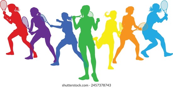 Silhouette tennis women female players set. Active sports people healthy players fitness silhouettes concept.