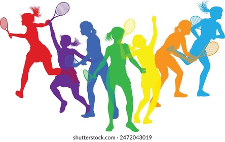 Silhouette tennis women female players set. Active sports people healthy players fitness silhouettes concept.