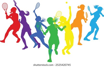 Silhouette tennis women female players set. Active sports people healthy players fitness silhouettes concept.