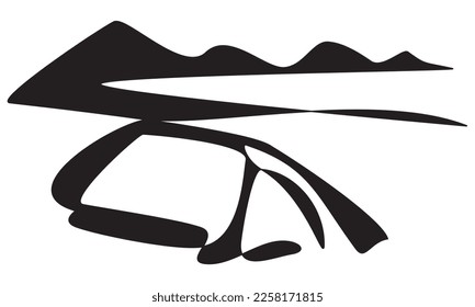 Silhouette of tent, mountain and beach. Heading to camp icon. Vector illustration of tent, mountain and beach. Symbol of camping, hiking, adventure.