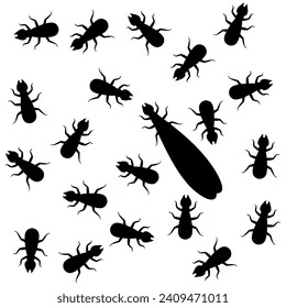 Silhouette of termite colony. A group of termites with their queen fills the screen on a white background.