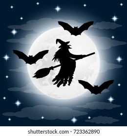 Silhouette of a terrible witch on a broomstick with bats.