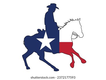 A silhouette of a Texas cowboy on a horse with inset state flag