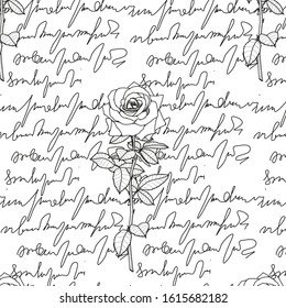 Silhouette of text written by hand. Rose with leaves on a text silhouette.