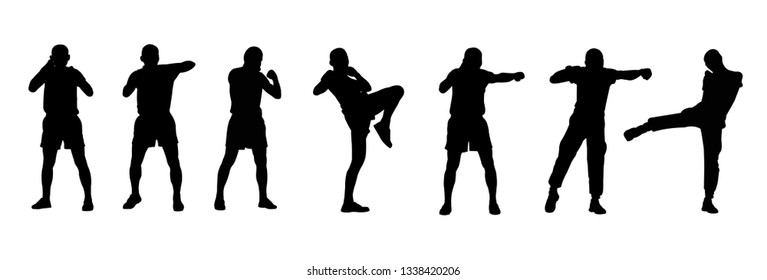 Silhouette of the Thai boxing. Set of human boxing. Martial arts.