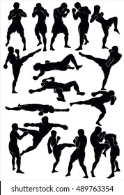 Silhouette of the Thai boxing. Set of human boxing on white. 