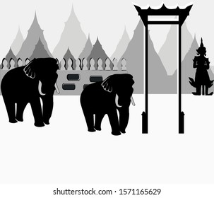 silhouette Thai historical landmarks, Elephant, Giant Swing Sao ching cha)and  of tourist attractions , and Giant Thai, Symbol,  backdrop or decoration ,important characteristics of Thailand