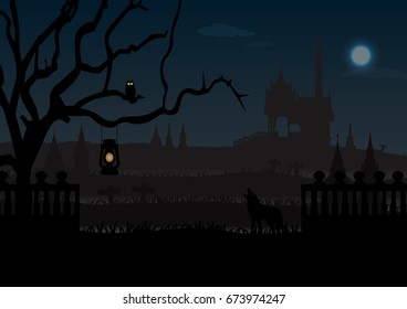 Silhouette Thai style Halloween with Thai crematory and ossuary pagoda illustration