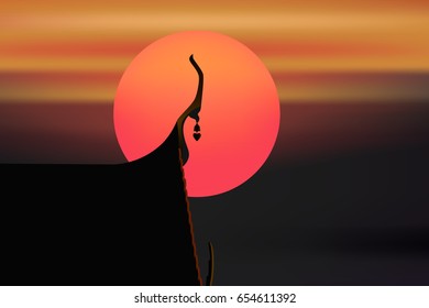 Silhouette Thai temple roof and sun dawn graphic vector