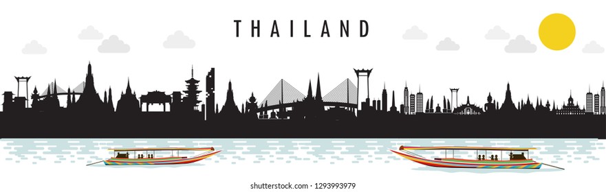 Silhouette to Thailand with attractions, private long tail boat tour. vector illustration