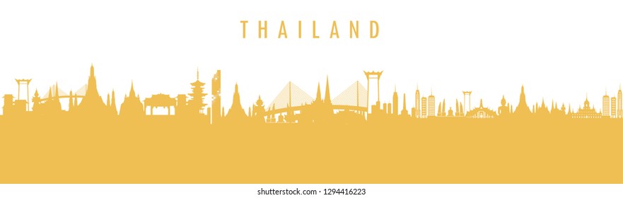 Silhouette to Thailand with attractions, yellow background