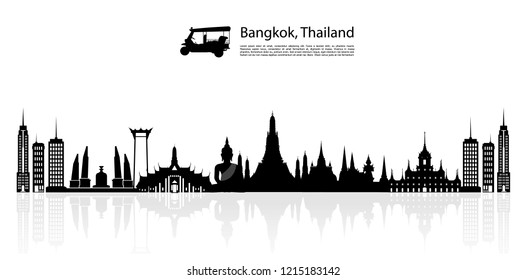 Silhouette nach Thailand, Bangkok in Thailand mit Sehenswürdigkeiten, Wahrzeichen