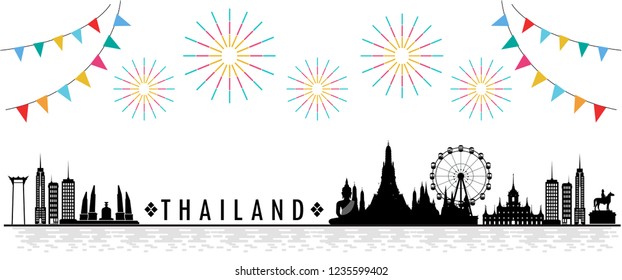Silhouette to Thailand, Celebrate in Bangkok with attractions, landmarks. flat design