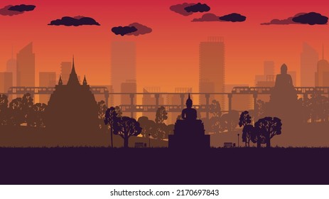 silhouette of Thailand Landmarks buddha statue city town background on gradient background