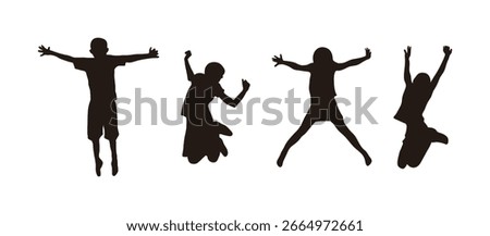 A silhouette that captures the joy, freedom, and movement of children jumping in dynamic poses. Ideal for visuals that capture active lifestyles, such as celebration, success, dance, and performance.
