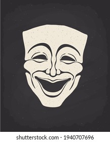 Silhouette of theatrical comedy mask on chalk board. Vector illustration. Vintage opera mask for happy actor. Face expresses positive emotion. Film and theatre industry. Isolated black background
