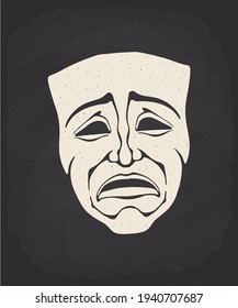 Silhouette of theatrical drama mask on chalk board. Vector illustration. Vintage opera mask for tragedy actor. Face expresses negative emotion. Film and theatre industry. Isolated black background