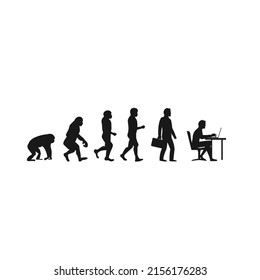 Silhouette de la teoría de la evolución del hombre. Desarrollo humano de mono a cavernícola, hombres de negocios modernos hablando por teléfono móvil, programadores sentados en la computadora. Dibujo manual de la ilustración vectorial.