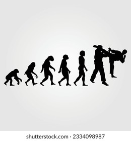 Silhouette Of Theory Of evolution Of Man Human Development From Monkey To Caveman, Farmer Basketball Baseball Excavator Skater Dancing Sword Karate Surfer Poker Evolution Sketch Vector Illustration