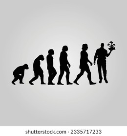 Silhouette Of Theory Of evolution Of Man Human Development From Monkey To Caveman, Farmer Basketball Baseball Lineman Pole Dancer Dancing Sword Karate Surfer Poker Evolution Sketch Vector Illustration