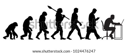 Silhouette of theory of evolution of man. Human development from monkey to caveman, modern businessmen talking on mobile phone, programmer sitting at computer. Hand drawn sketch vector illustration.