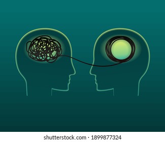 Silhouette therapist and patient. Two humans head silhouette psychotherapy concept. Tangle and untangle, problems solution design concept. Illustration vector