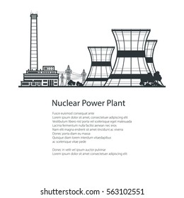 Silhouette Thermal Power Station and down Text ,Nuclear Reactor and Power Lines, Poster Brochure Flyer Design, Black and White Vector Illustration 