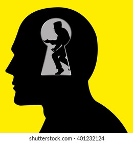 Silhouette of a thief seen through a key hole inside human head