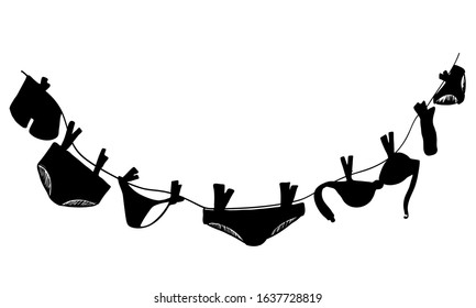 Silhouette of things that are drying on a rope. Underwear after washing in vector vintage style. Women's underpants, sconces and socks for decorating postcards and illustrations. Suitable for printed.