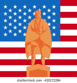 Silhouette third place on the podium with flag United States of America