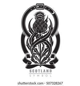Silhouette der Diele mit Blattmuster und Gürtelrahmen. Symbol des schottischen Designelements schwarz auf weiß