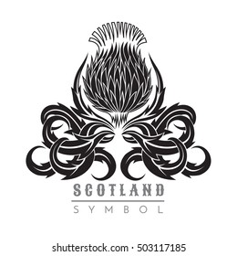 Silhouette of thistle with leaf pattern. Symbol of Scotland design element black on white