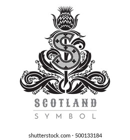 Silhouette of thistle pattern with capital letter s in center. Symbol of Scotland design element black on white