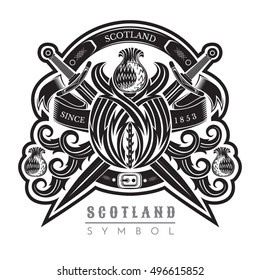 Silhouette of thistle pattern with cross sword. Design element black on white