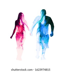 The silhouette of those in love holding hands. Mixed media. Happy Valentine's Day. Vector illustration
