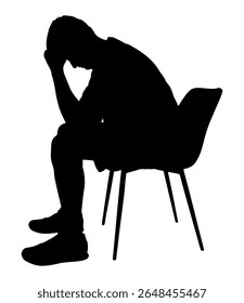 Silhouette of thoughtful man sitting on chair, side view. Vector illustration