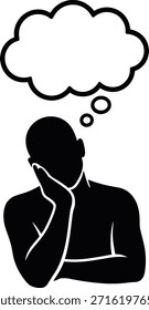 Silueta de hombre reflexivo con una burbuja de discurso sobre su cabeza que representa el pensamiento y la contemplación para una estrategia de negocios.