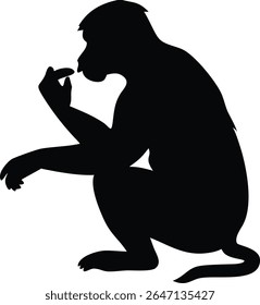 Silhueta de um macaco pensativo sentado e ponderando com o dedo levantado na contemplação