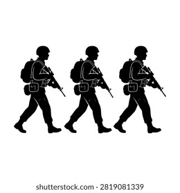 Silhouette of three armed soldiers walking in unison against a plain background.