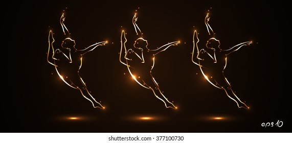 Silhouette of three ballerinas, dancers in movement on pointe and in packs, tutu. Drawn by hand with a stroke of golden color with light on a black background. Performance in the theater. Vector.