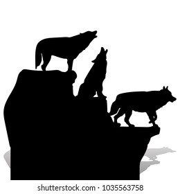 Silhouette of three black wolves howling, on top of a cliff, cartoon on a white background, vector