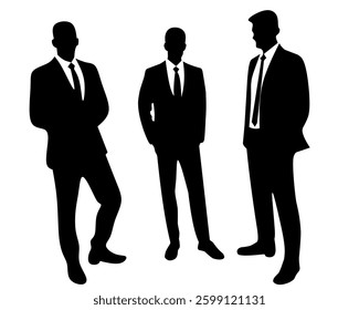 Silhouette of three businessmen standing together. Professional black-and-white vector illustration representing teamwork, leadership, corporate strategy, and business discussion