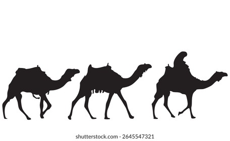 Silhueta de três camelos com cavaleiro em caravana no fundo branco