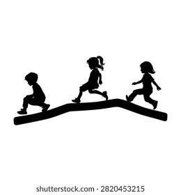 Silhouette of three children running and playing on a balance beam outdoors, capturing joy, activity, and childhood energy in a lively scene.
